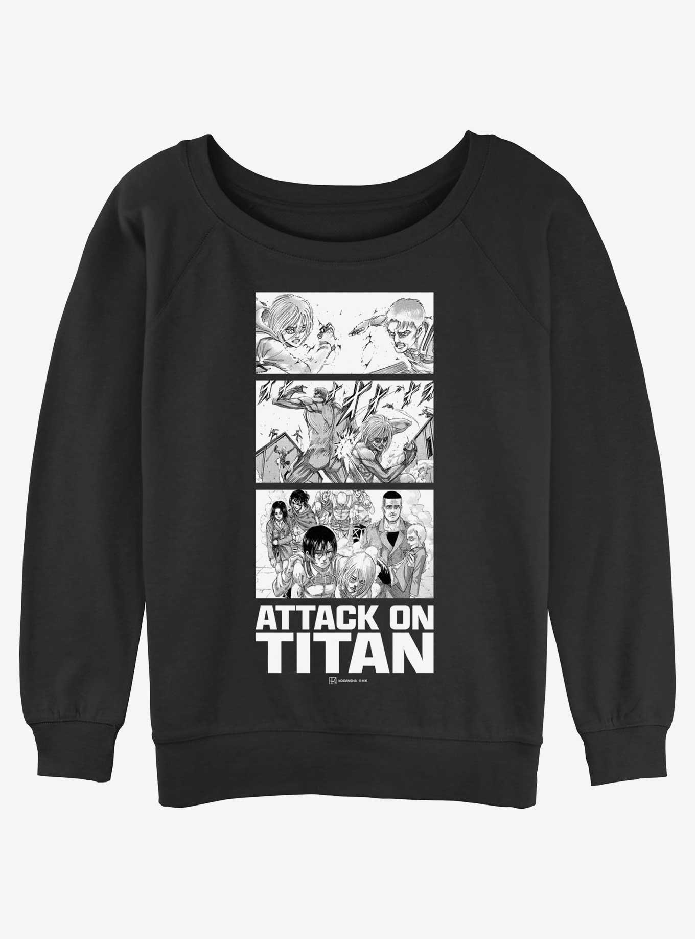 Attack on Titan Annie vs Reiner Panels Womens Slouchy Sweatshirt, BLACK, hi-res
