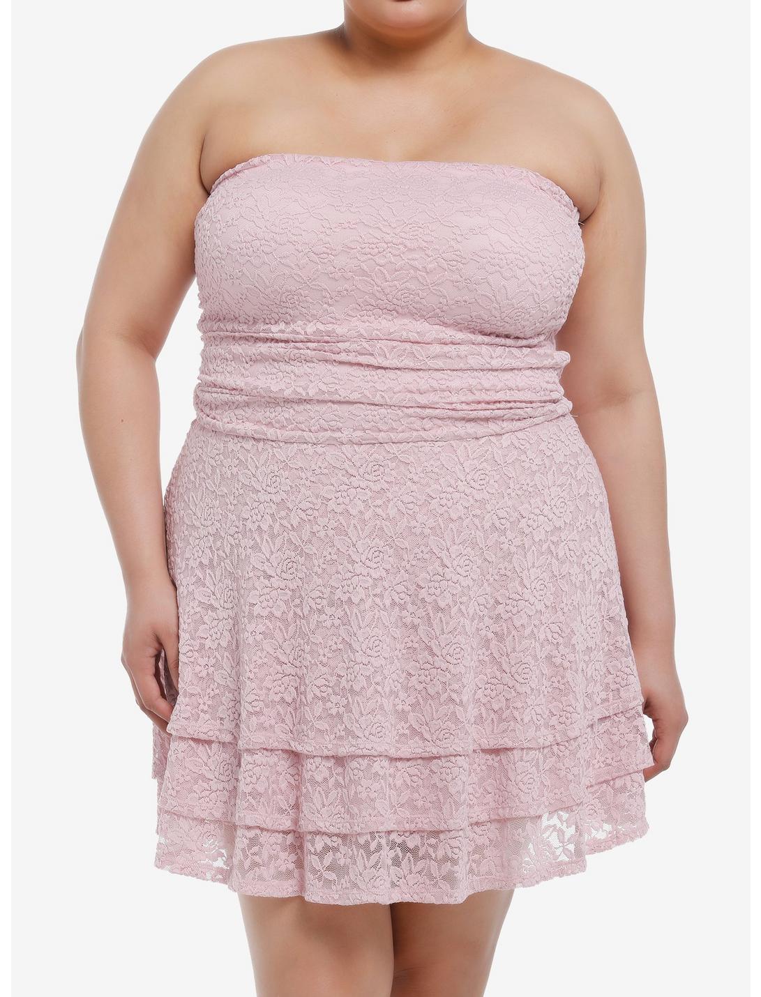 Sweet Society Pink Lace Ruffle Strapless Dress Plus Size, PINK, hi-res