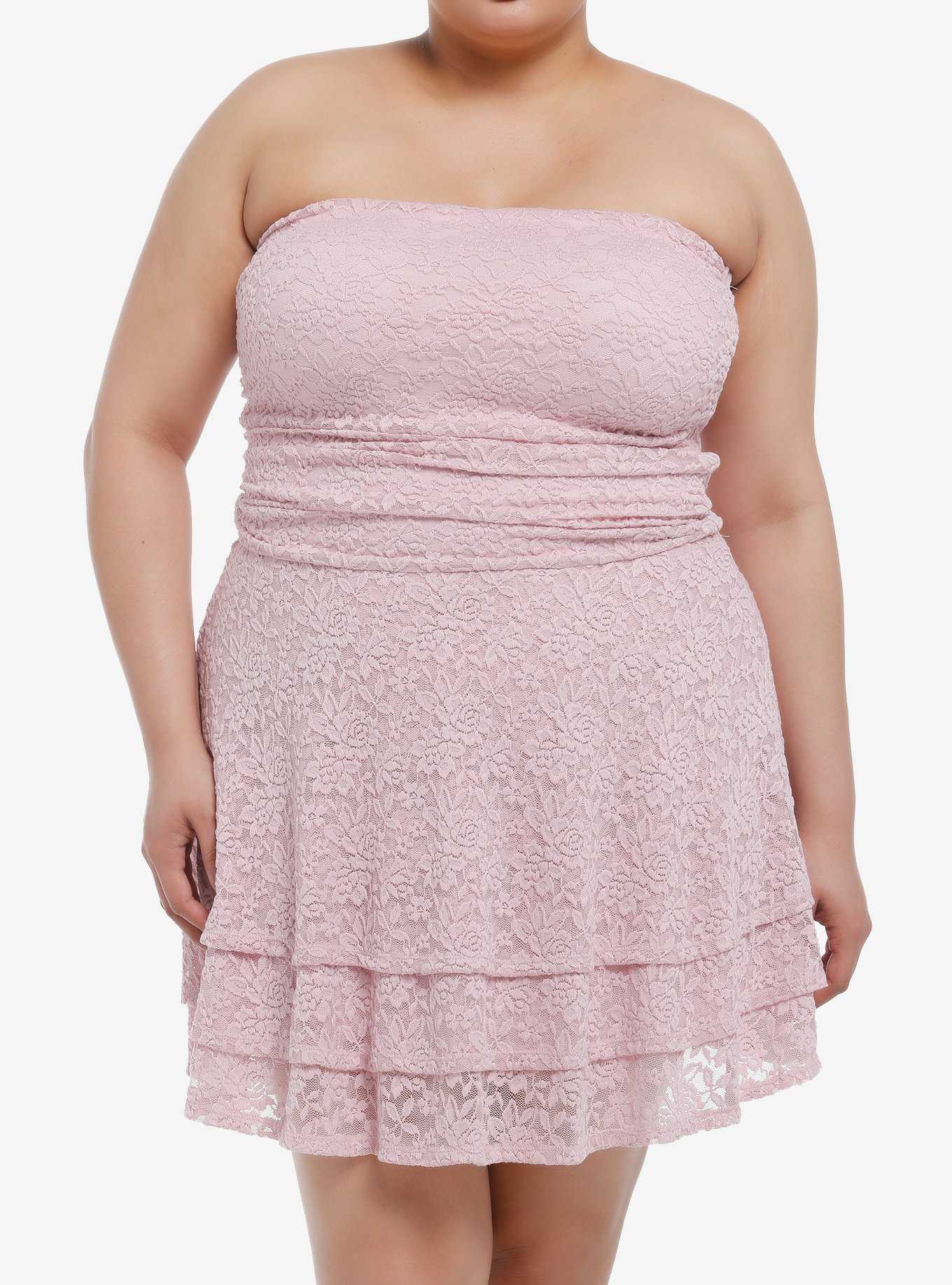 Sweet Society Pink Lace Ruffle Strapless Dress Plus Size, , hi-res