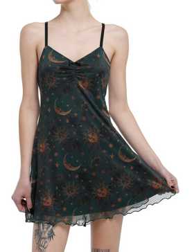Cosmic Aura Green & Gold Celestial Print Mini Dress, , hi-res