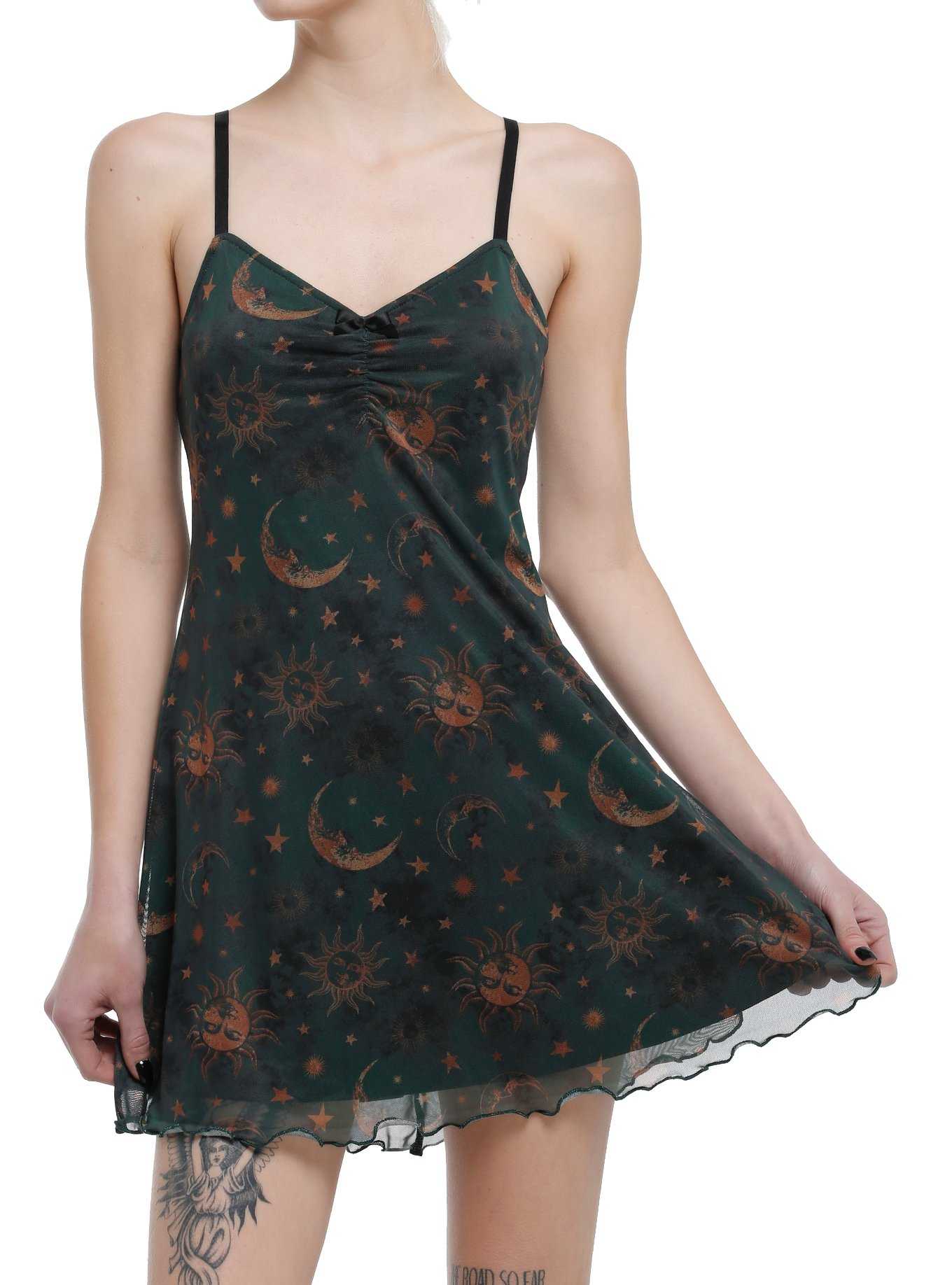 Cosmic Aura Green & Gold Celestial Print Mini Dress, , hi-res