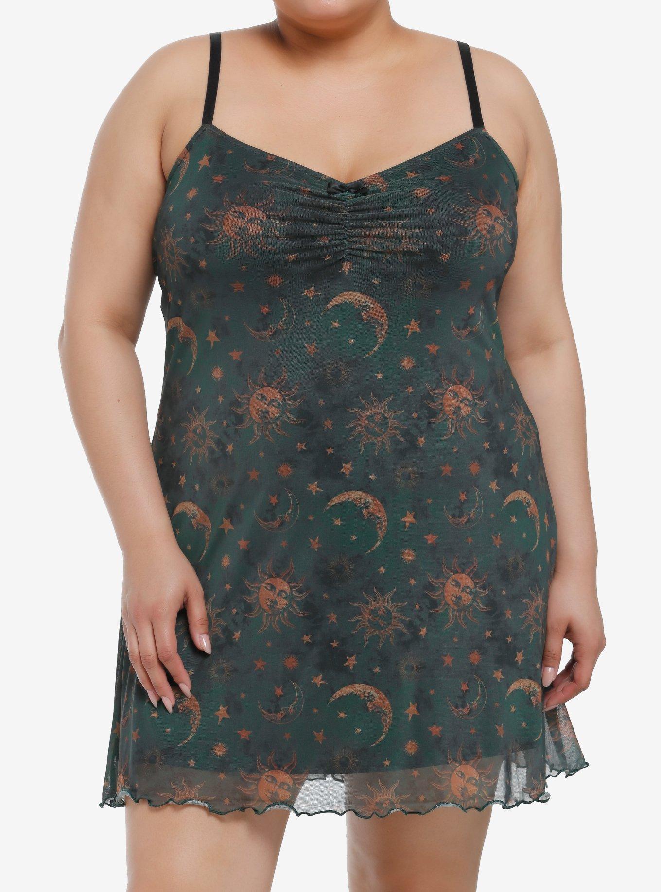 Cosmic Aura Green & Gold Celestial Print Mini Dress Plus Size, GOLD, hi-res