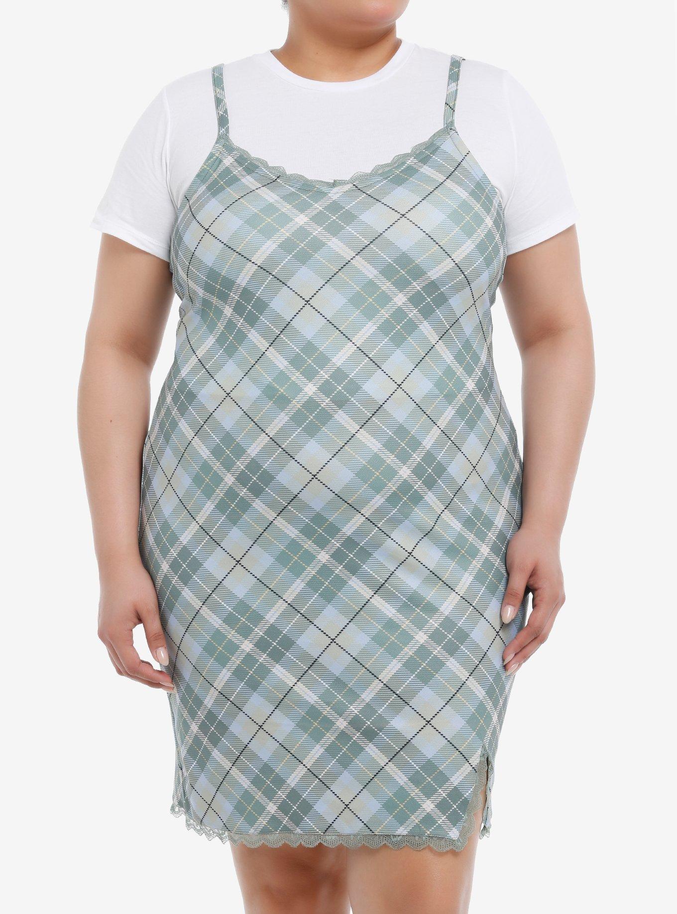 Teal Plaid Twofer Dress Plus Size, , hi-res