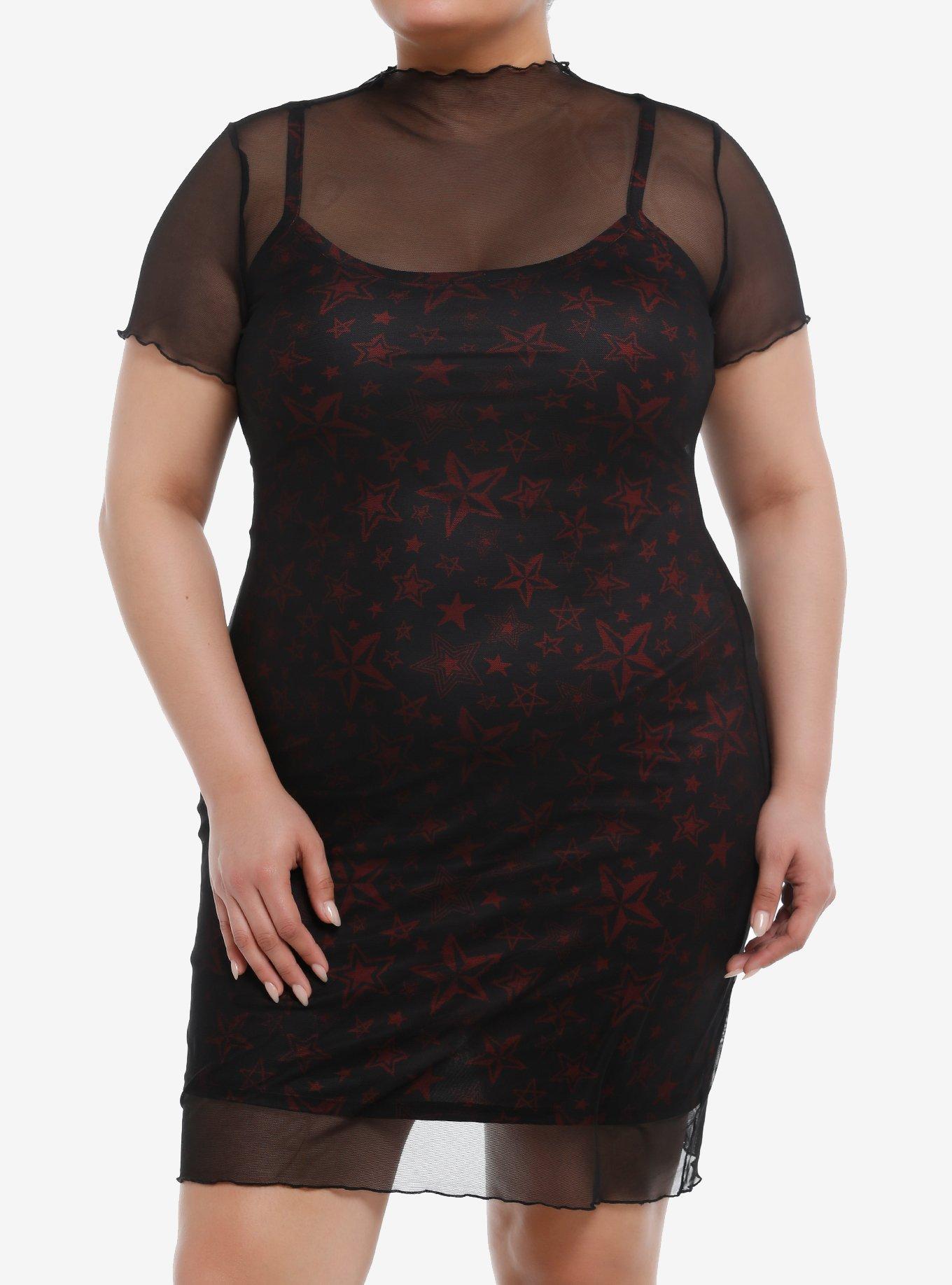 Social Collision Red & Black Star Twofer Cami Dress Plus Size, RED, hi-res