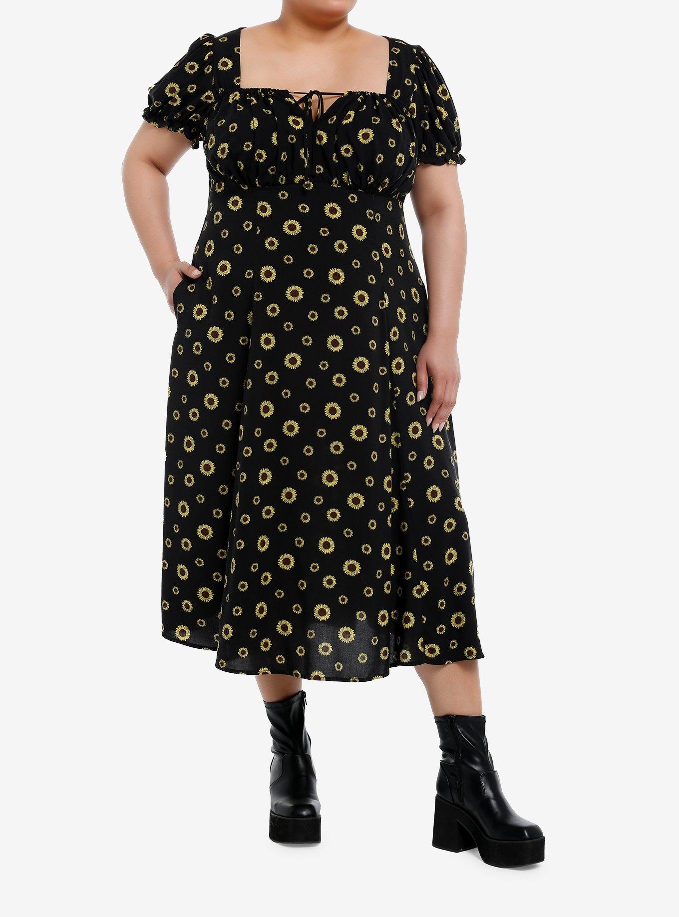 Thorn & Fable Yellow Sunflower Empire Midi Dress Plus Size, , hi-res