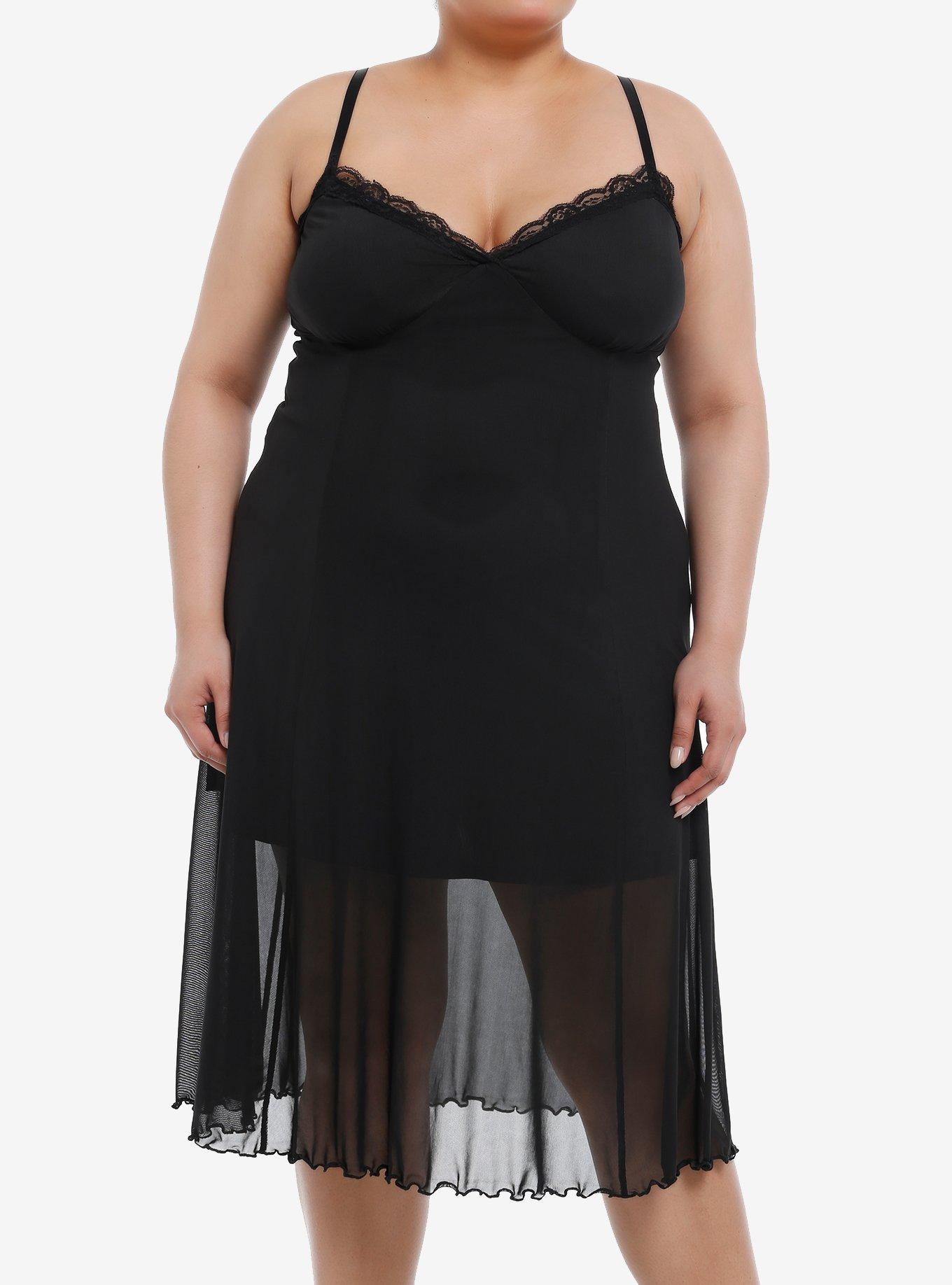 Cosmic Aura Black Lace Mesh Midi Dress Plus Size, , hi-res