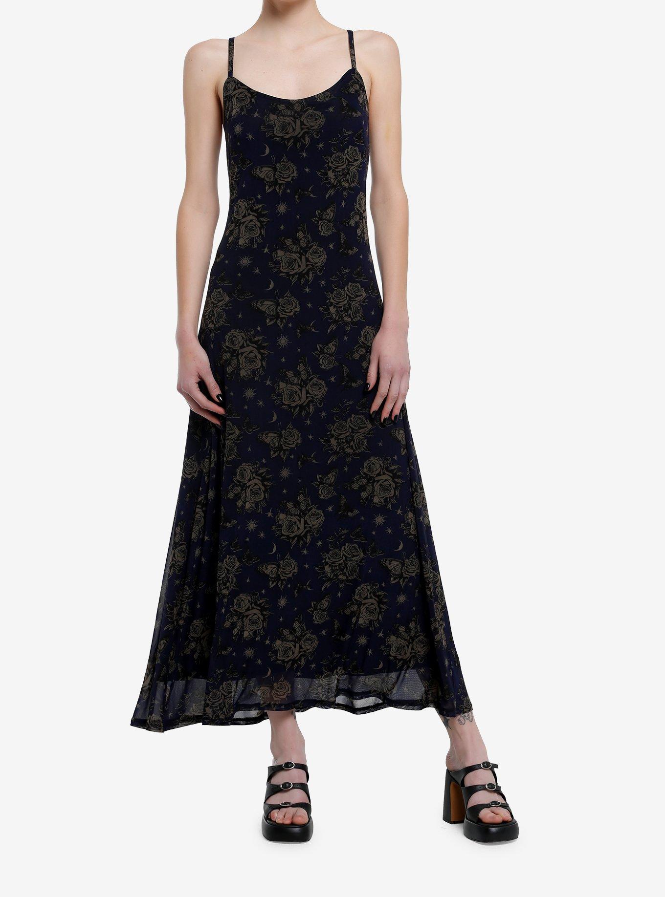 Cosmic Aura Blue Celestial Rose Butterfly Midaxi Dress, BROWN, hi-res