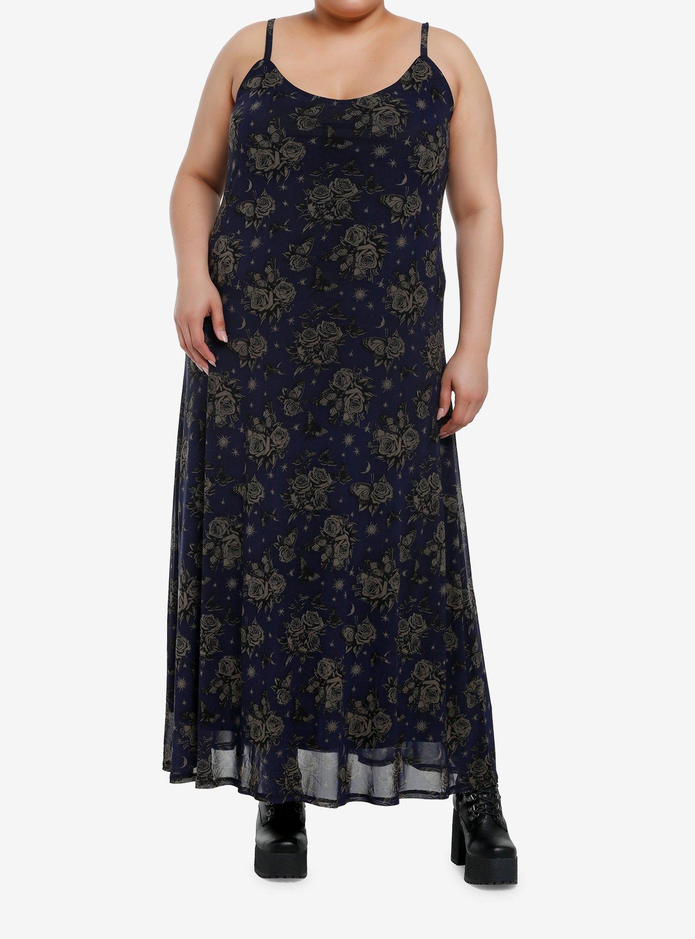 Cosmic Aura Blue Celestial Rose Butterfly Midaxi Dress Plus Size, BROWN, hi-res