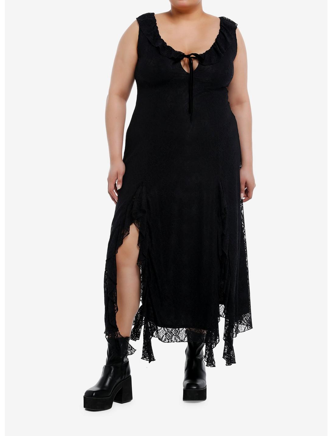 Cosmic Aura Black Lace Slit Maxi Dress Plus Size, BLACK, hi-res