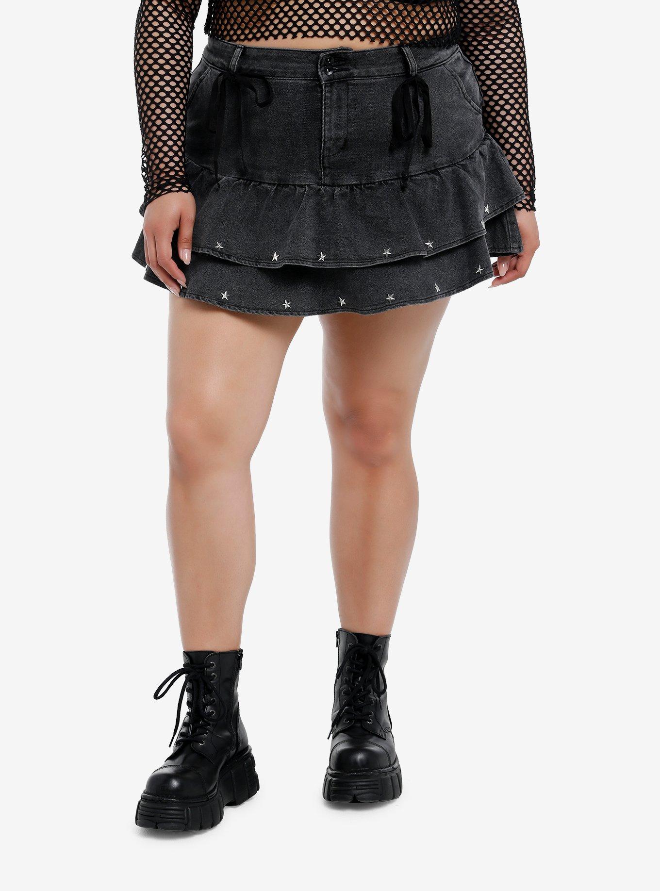 Social Collision Star Stud Ribbon Mini Skirt Plus Size, BLACK, hi-res