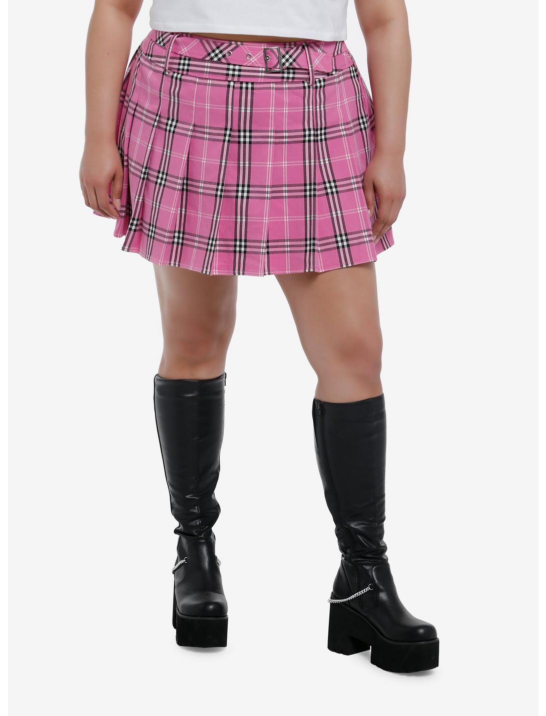 Sweet Society Pink Plaid Pleated Skirt Plus Size, BLACK, hi-res