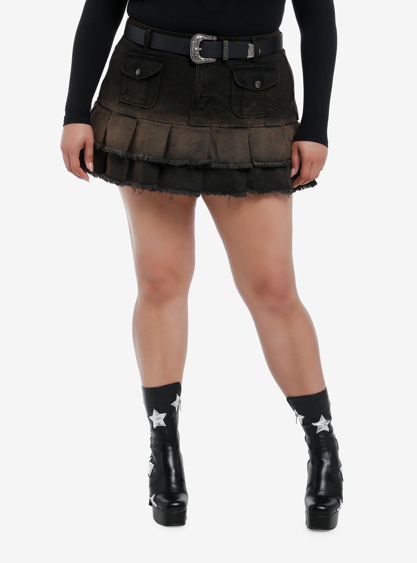 Cosmic Aura Western Belt Brown Wash Pleated Denim Skirt Plus Size, , hi-res