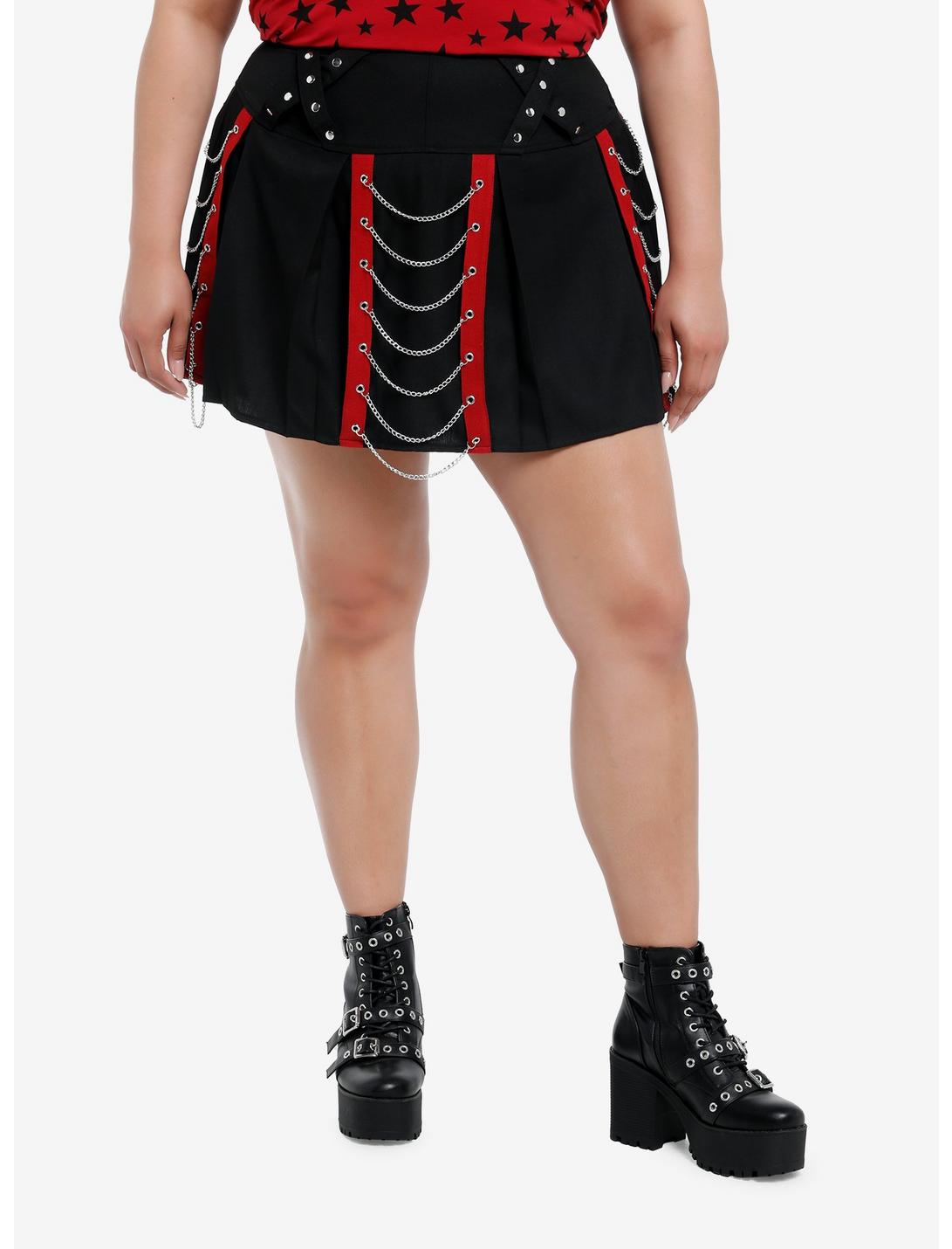 Social Collision Black & Red Chains Pleated Skirt Plus Size, RED, hi-res