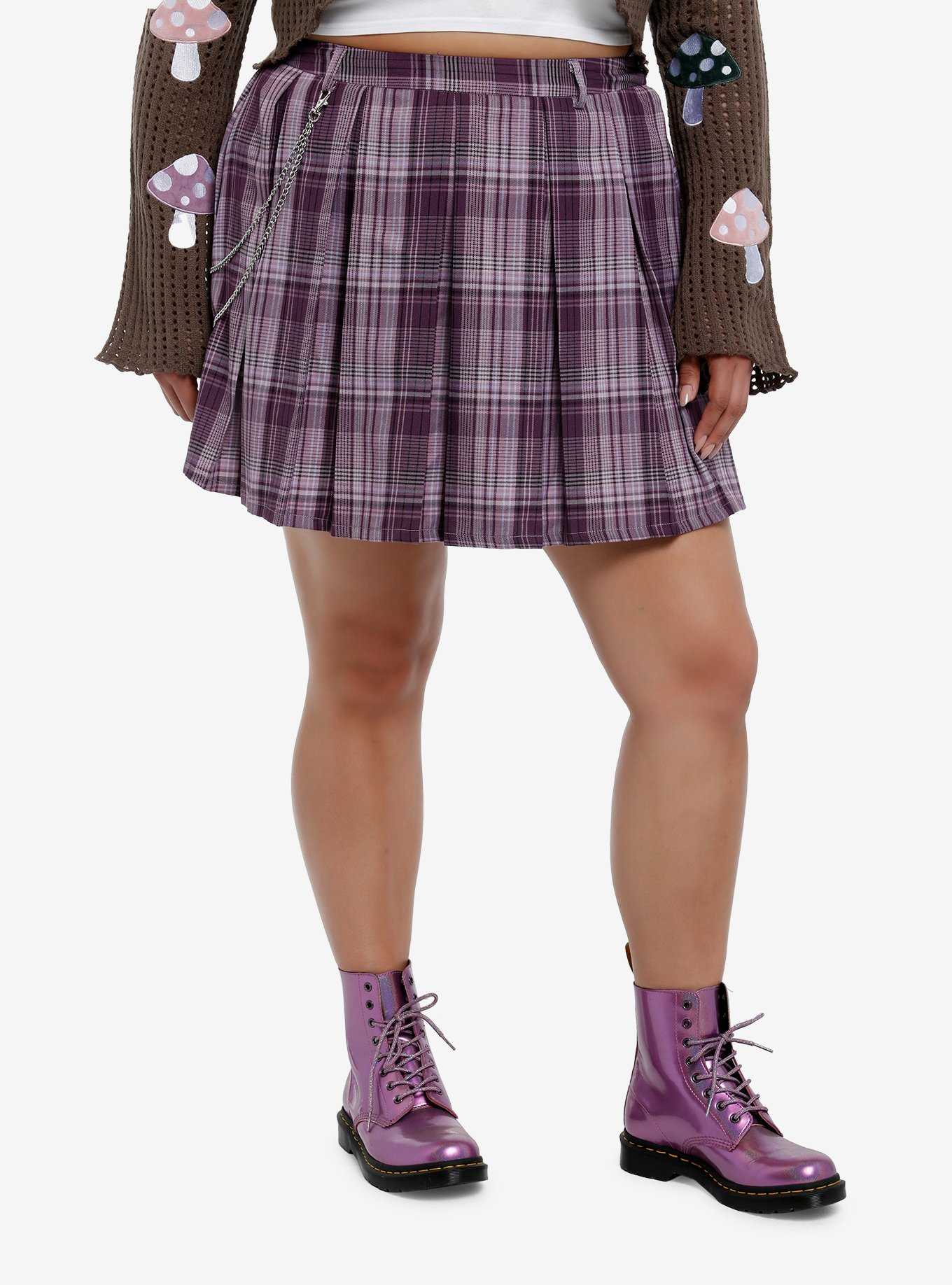 Thorn & Fable Purple Plaid Pleated Skirt Plus Size, , hi-res