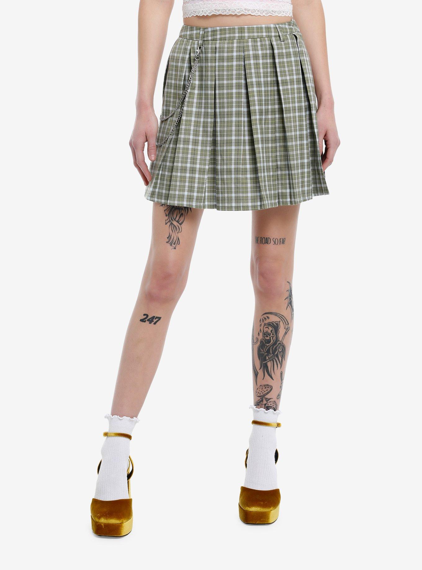 Sweet Society Sage Green Plaid Chain Skirt, GREEN, hi-res