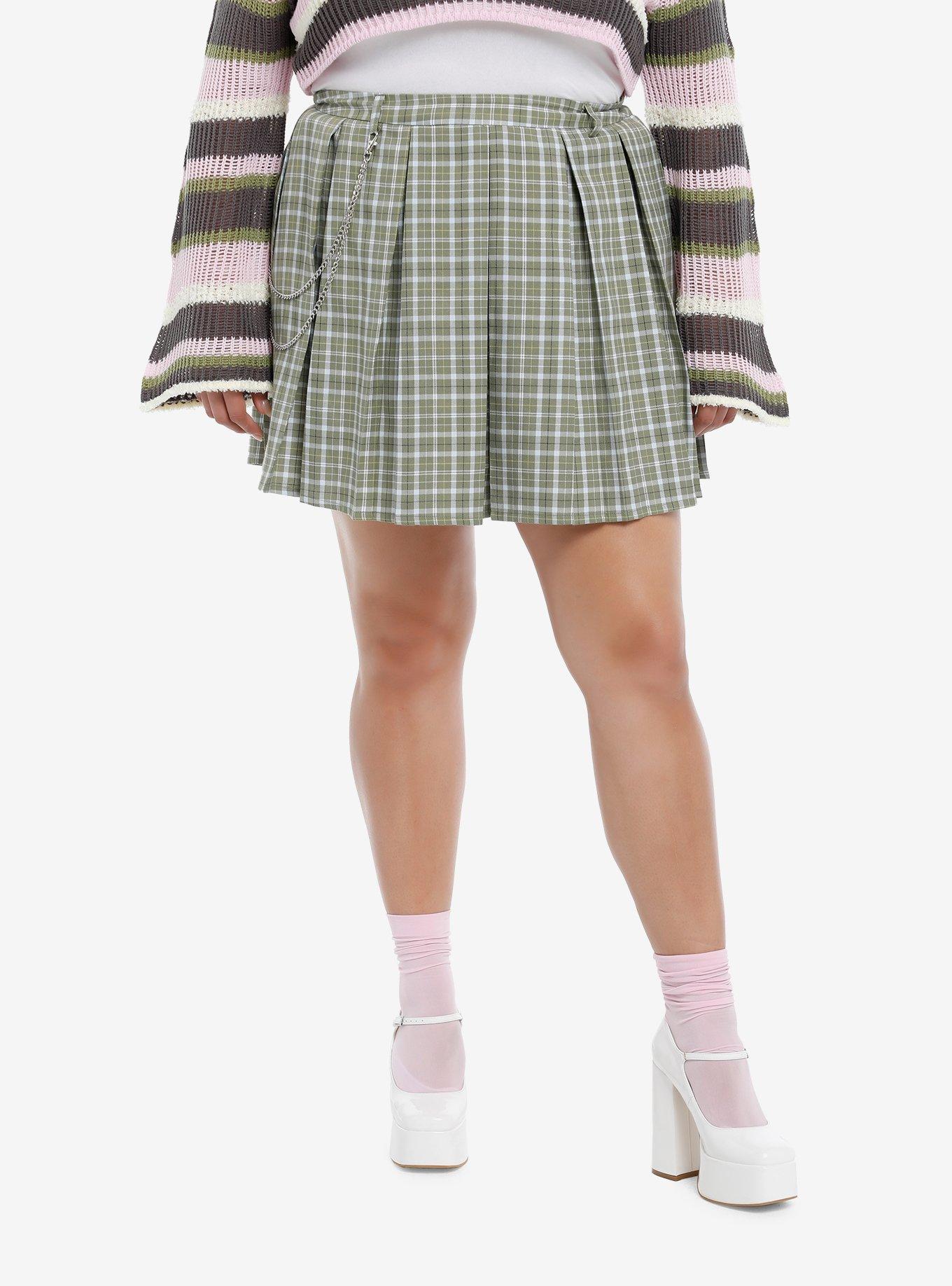 Sweet Society Sage Green Plaid Chain Skirt Plus Size, GREEN, hi-res