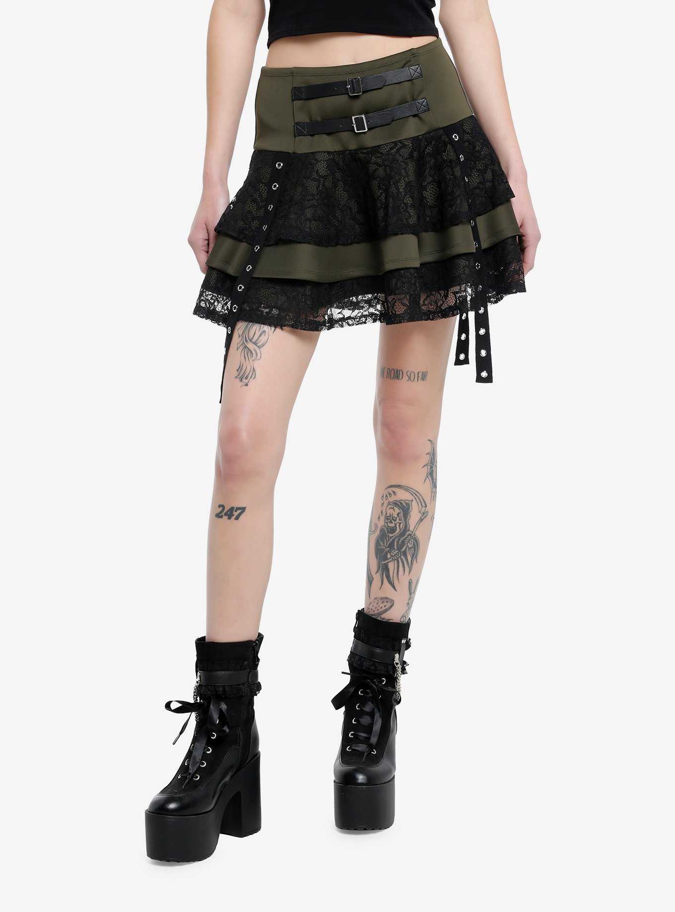 Social Collision Olive & Black Lace Grommet Strap Tiered Skirt, , hi-res
