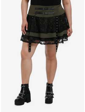Social Collision Olive & Black Lace Grommet Strap Tiered Skirt Plus Size, , hi-res