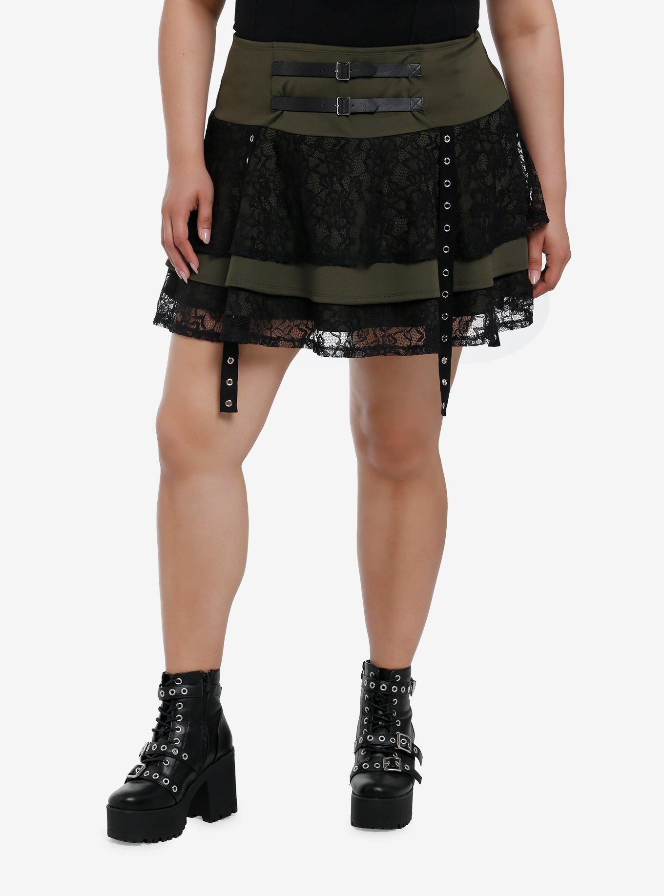 Social Collision Olive & Black Lace Grommet Strap Tiered Skirt Plus Size, BLACK, hi-res