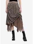 Thorn & Fable Brown Lace Ruched Hanky Hem Midi Skirt, BROWN, hi-res