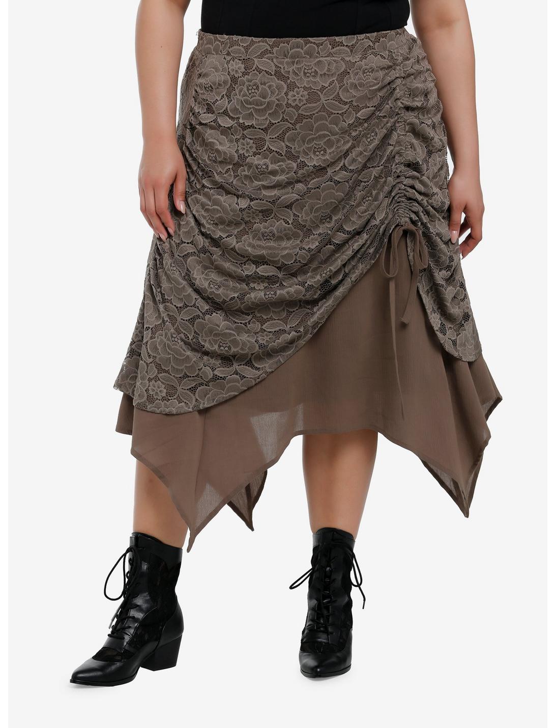 Thorn & Fable Brown Lace Ruched Hanky Hem Midi Skirt Plus Size, BROWN, hi-res