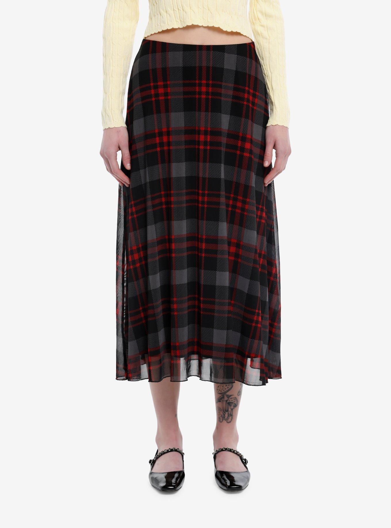 Sweet Society Grey & Red Plaid Mesh Midi Skirt, , hi-res