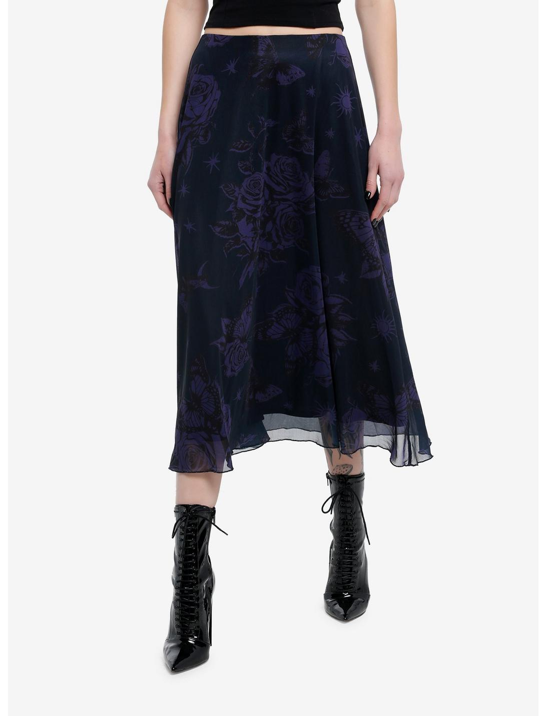 Cosmic Aura Purple & Black Floral Midi Skirt, BROWN, hi-res