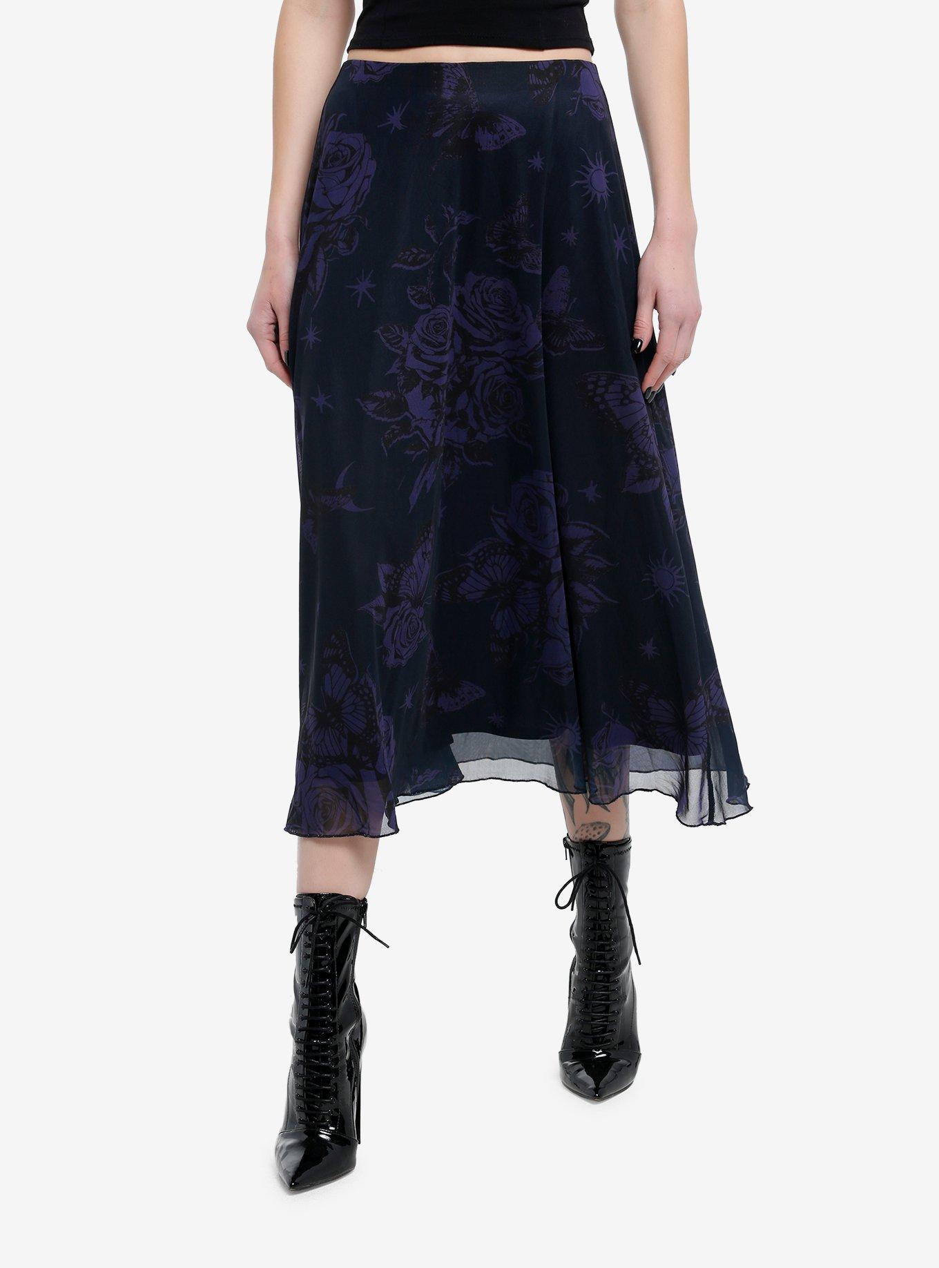 Cosmic Aura Purple & Black Floral Midi Skirt, , hi-res