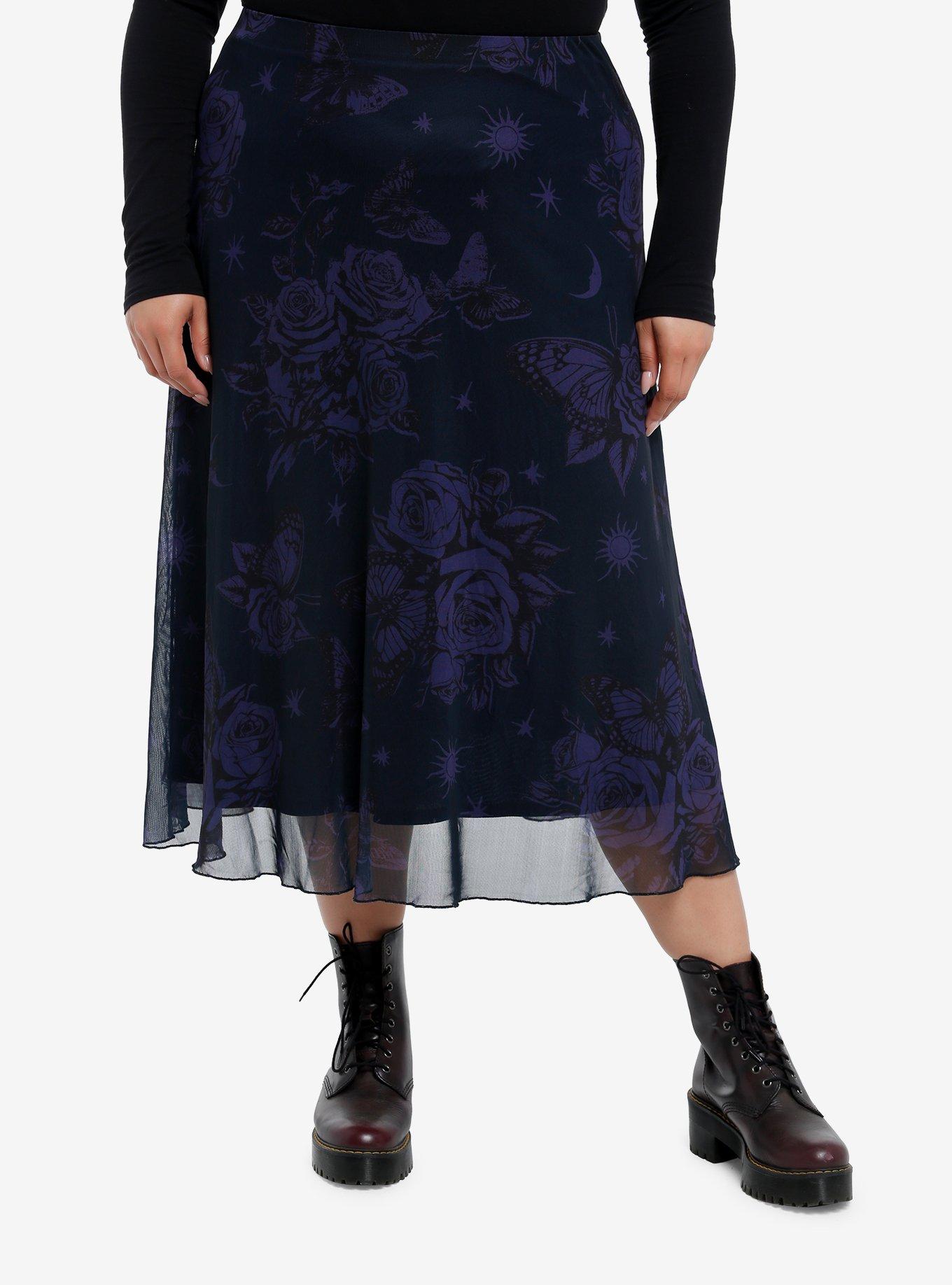 Cosmic Aura Purple & Black Floral Midi Skirt Plus Size, , hi-res