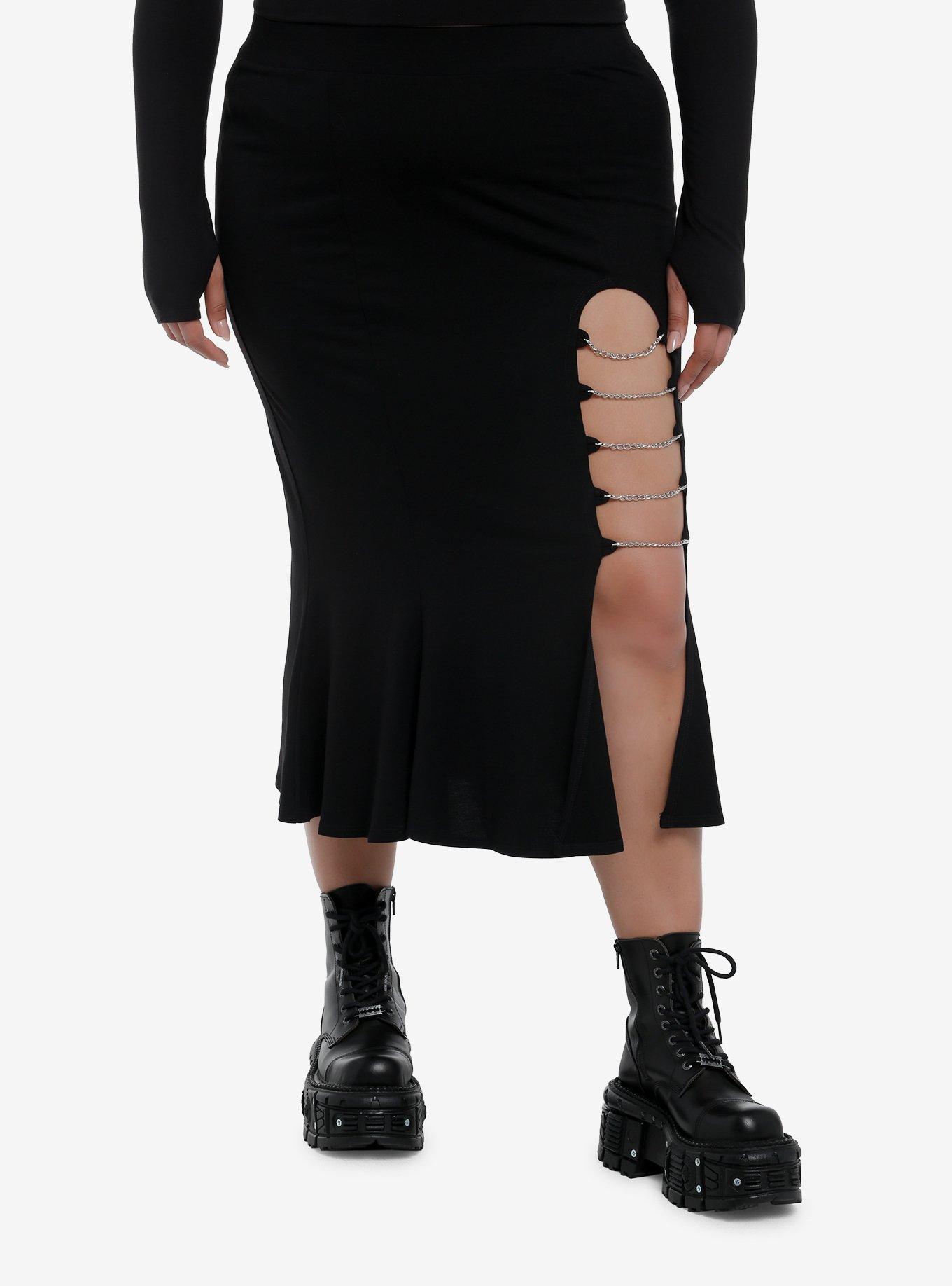 Social Collision Black Chain Slit Mermaid Midi Skirt Plus Size, BLACK, hi-res