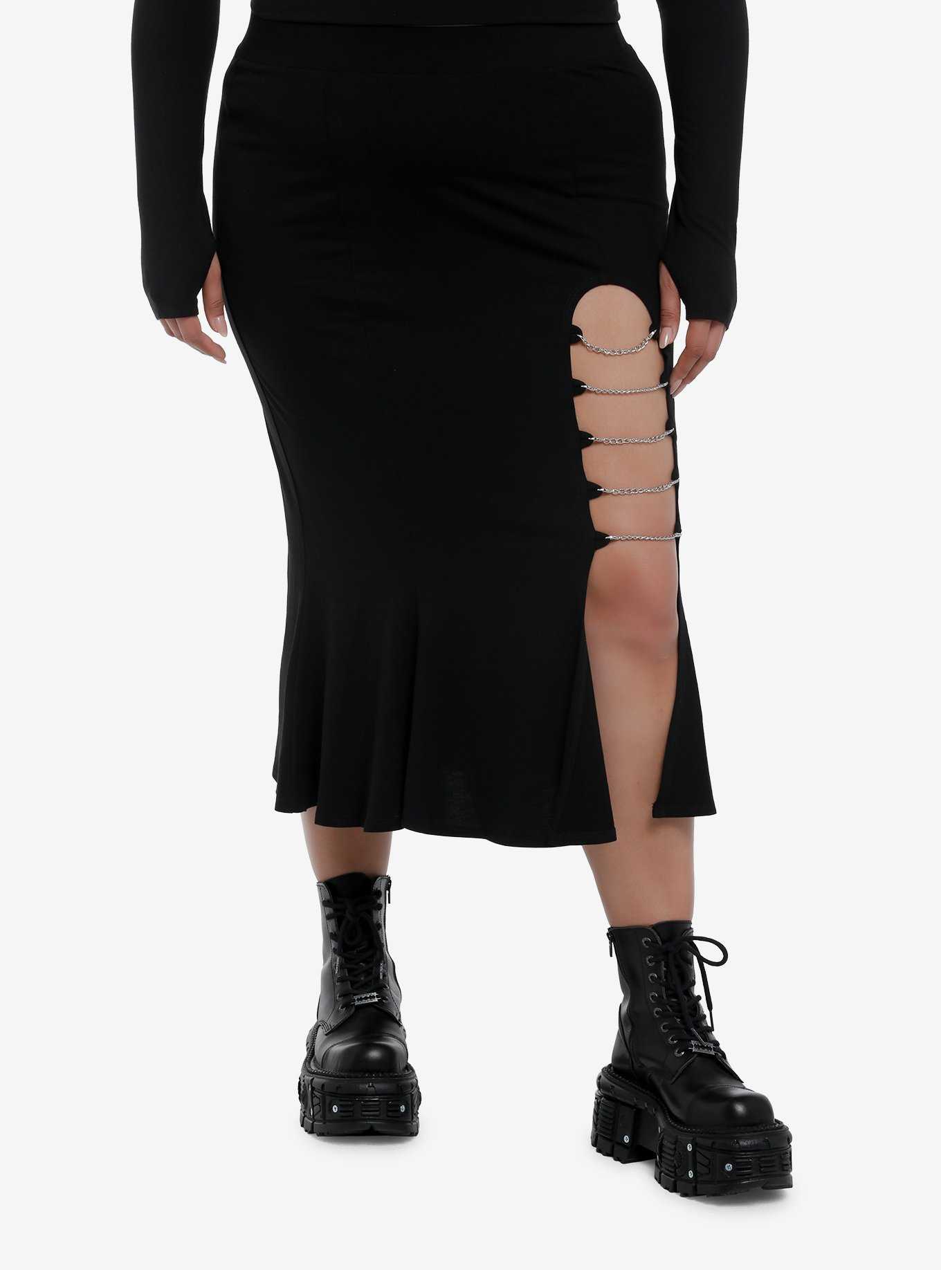 Social Collision Black Chain Slit Mermaid Midi Skirt Plus Size, , hi-res
