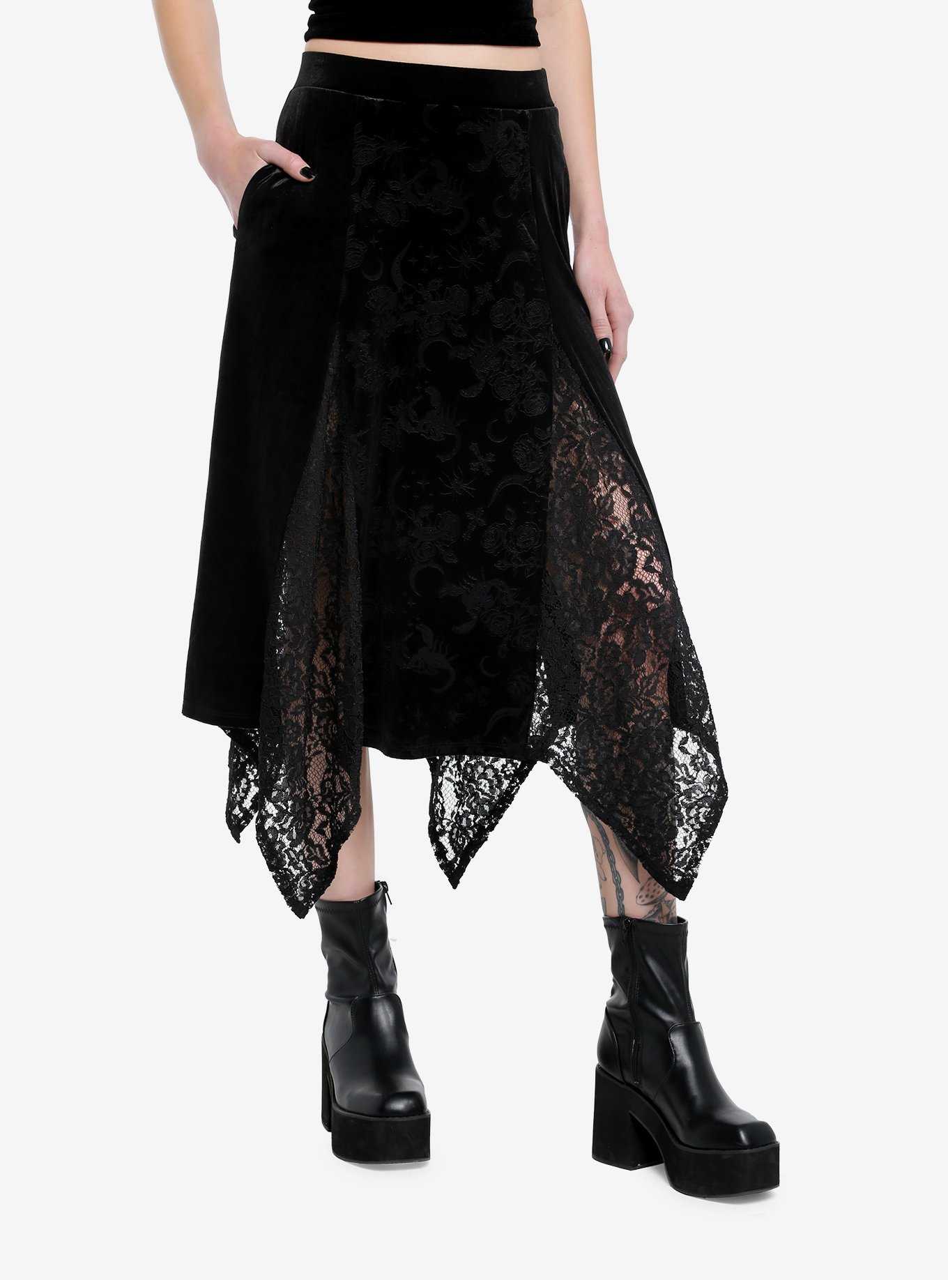 Cosmic Aura Black Velvet Lace Godet Midi Skirt, , hi-res