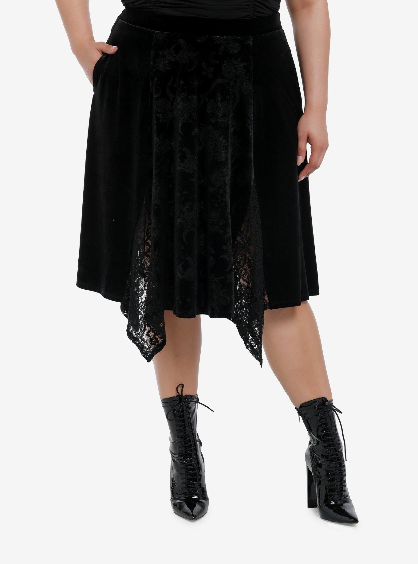 Cosmic Aura Black Velvet Lace Godet Midi Skirt Plus Side, BLACK, hi-res