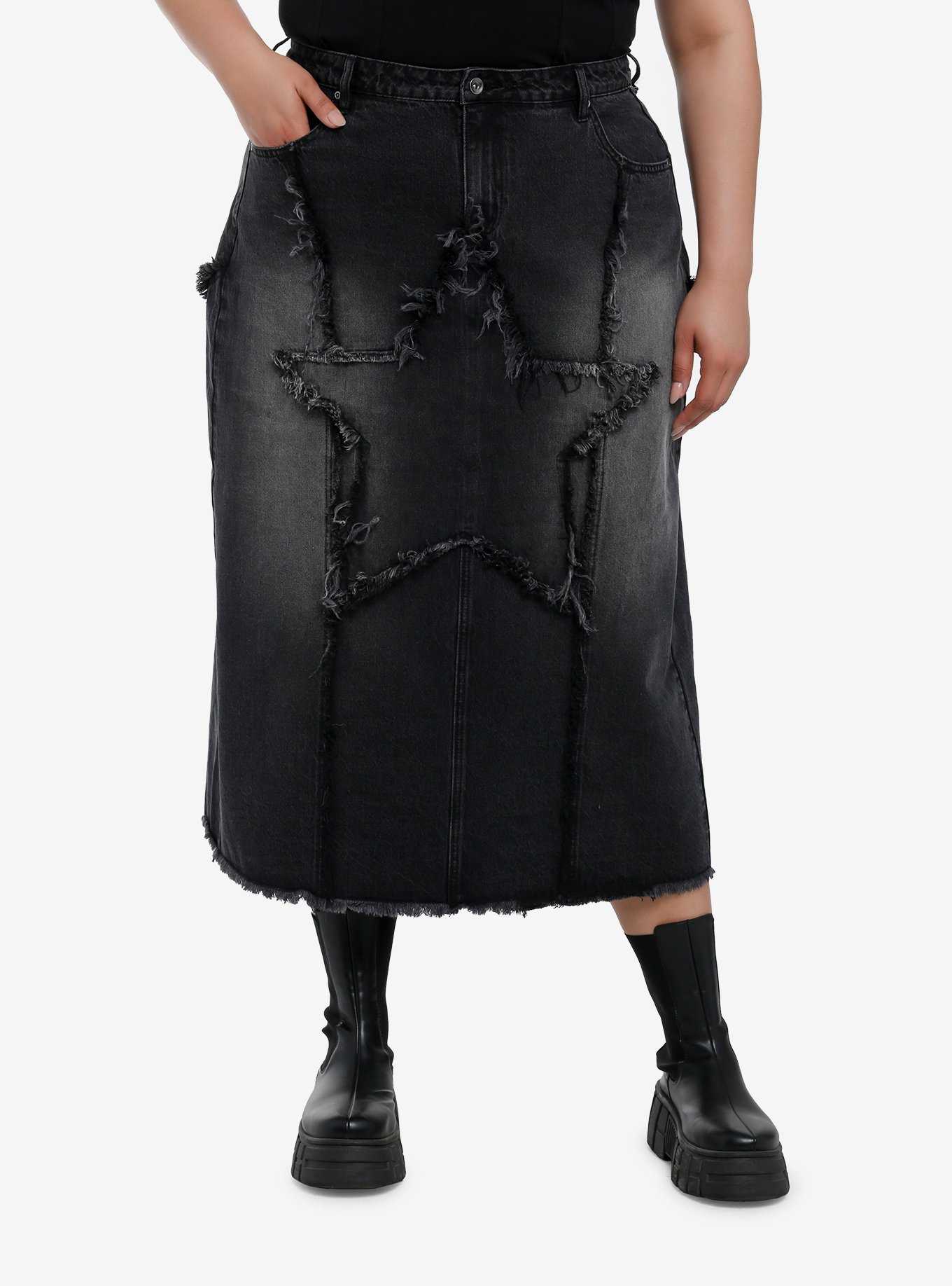 Social Collision Frayed Star Denim Midaxi Skirt Plus Size, , hi-res