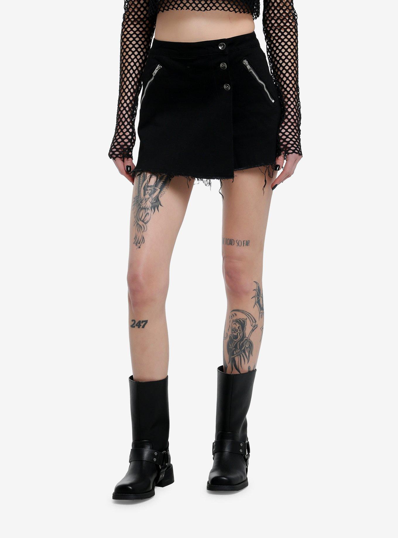 Black Zipper Frayed Denim Skort, BLACK, hi-res