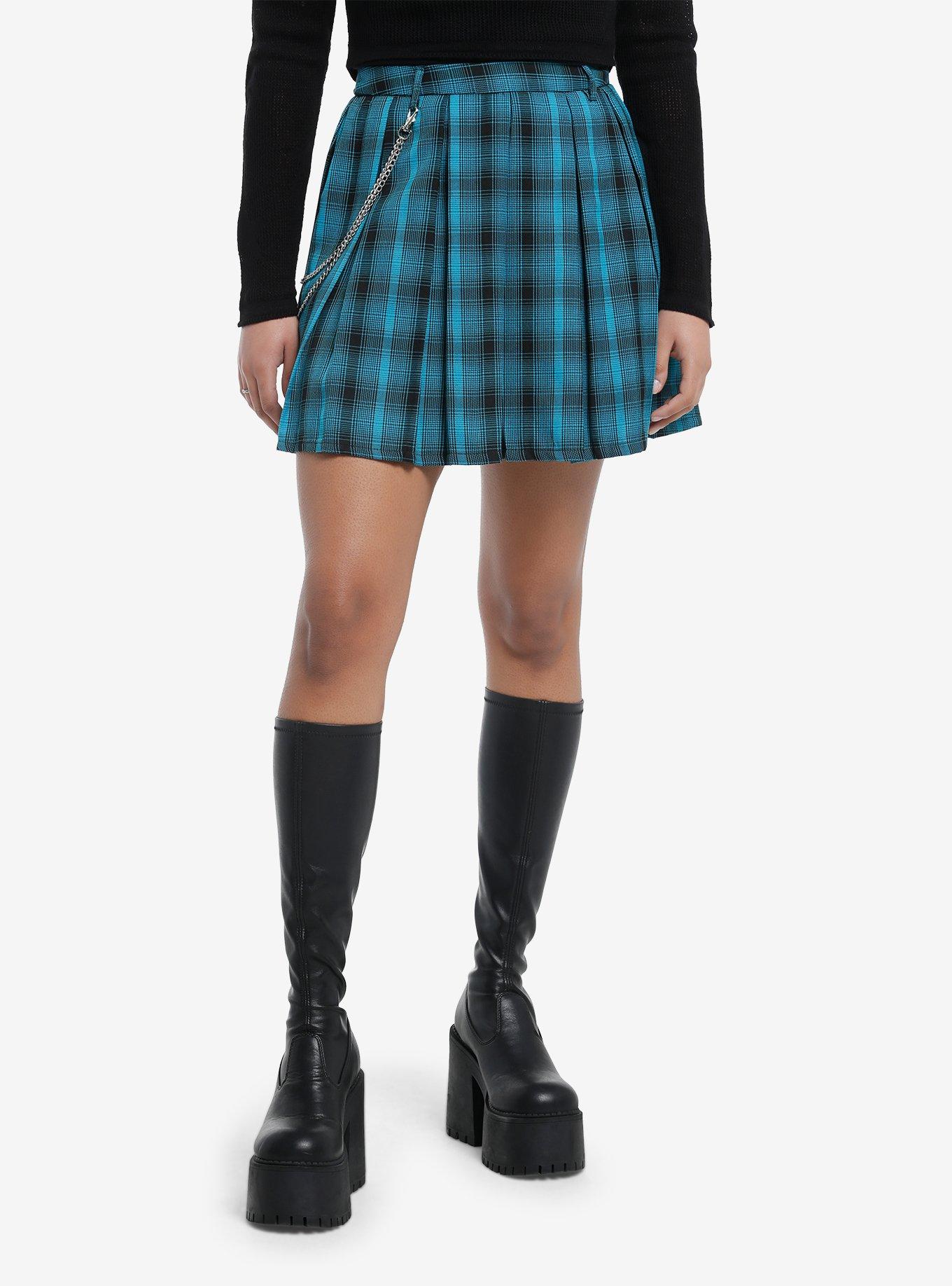 Teal & Black Plaid Pleated Skirt, BLACK, hi-res