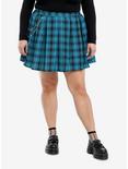 Teal & Black Plaid Pleated Skirt Plus Size, BLACK, hi-res
