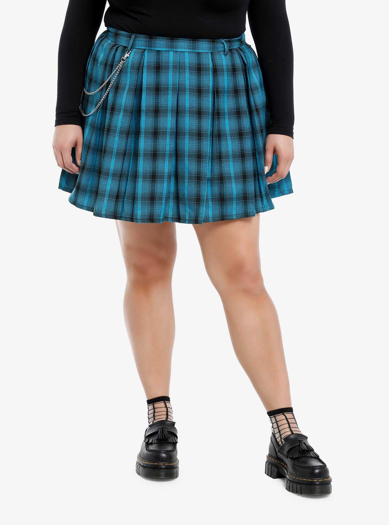 Teal & Black Plaid Pleated Skirt Plus Size, , hi-res