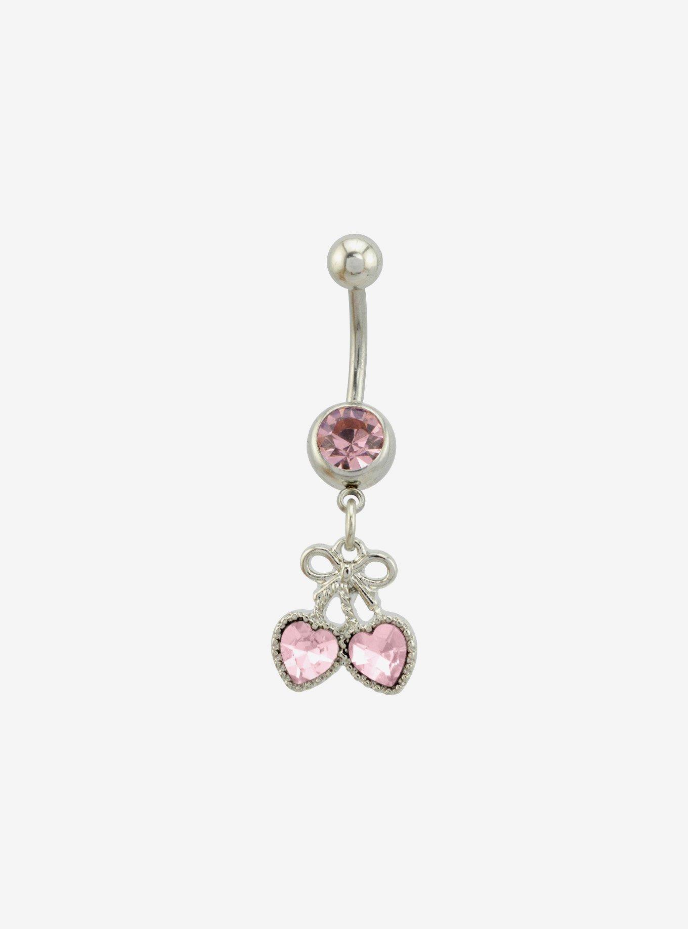 14G Steel Pink Heart Cherry Navel Barbell, , hi-res