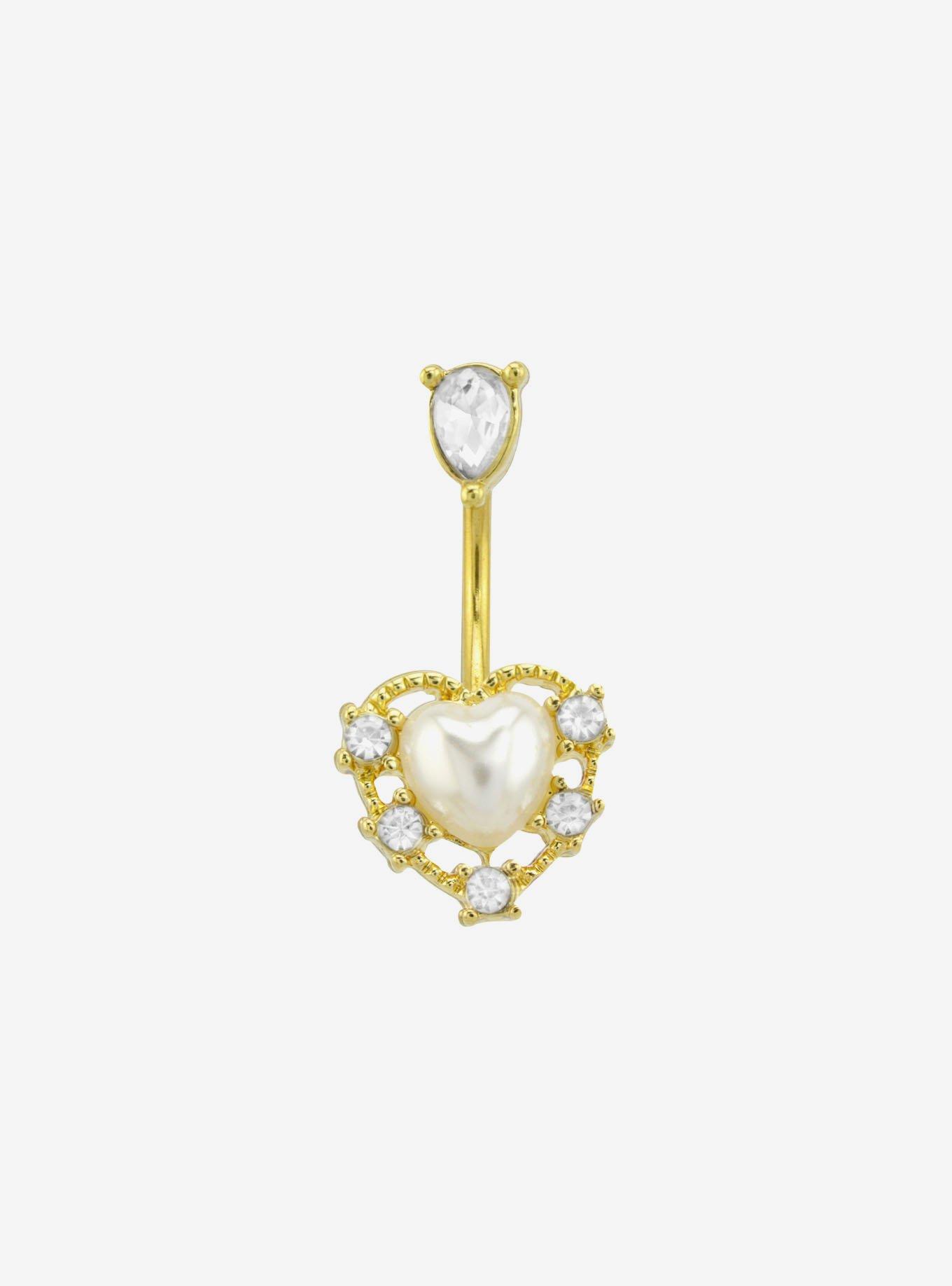 14G Steel Heart Gem Pearl Navel Barbell, , hi-res