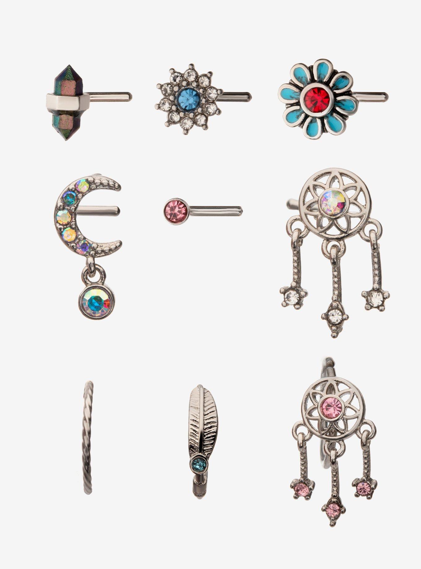 Steel Silver Dream Catcher Nose Stud & Captive Hoop 9 Pack, , hi-res