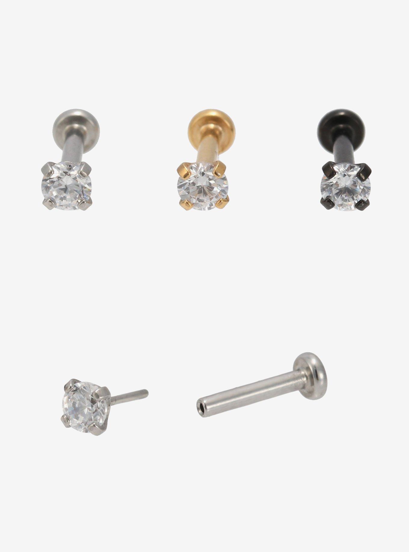 16G Steel Basic Metal CZ Labret Stud 3 Pack, , hi-res