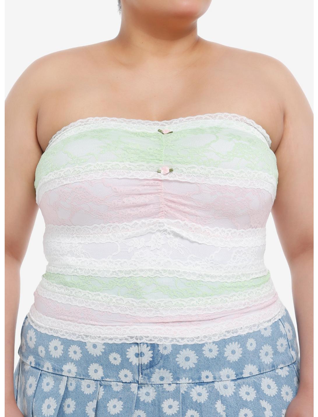Sweet Society Stripe Rosette Lace Girls Tube Top Plus Size, PINK, hi-res