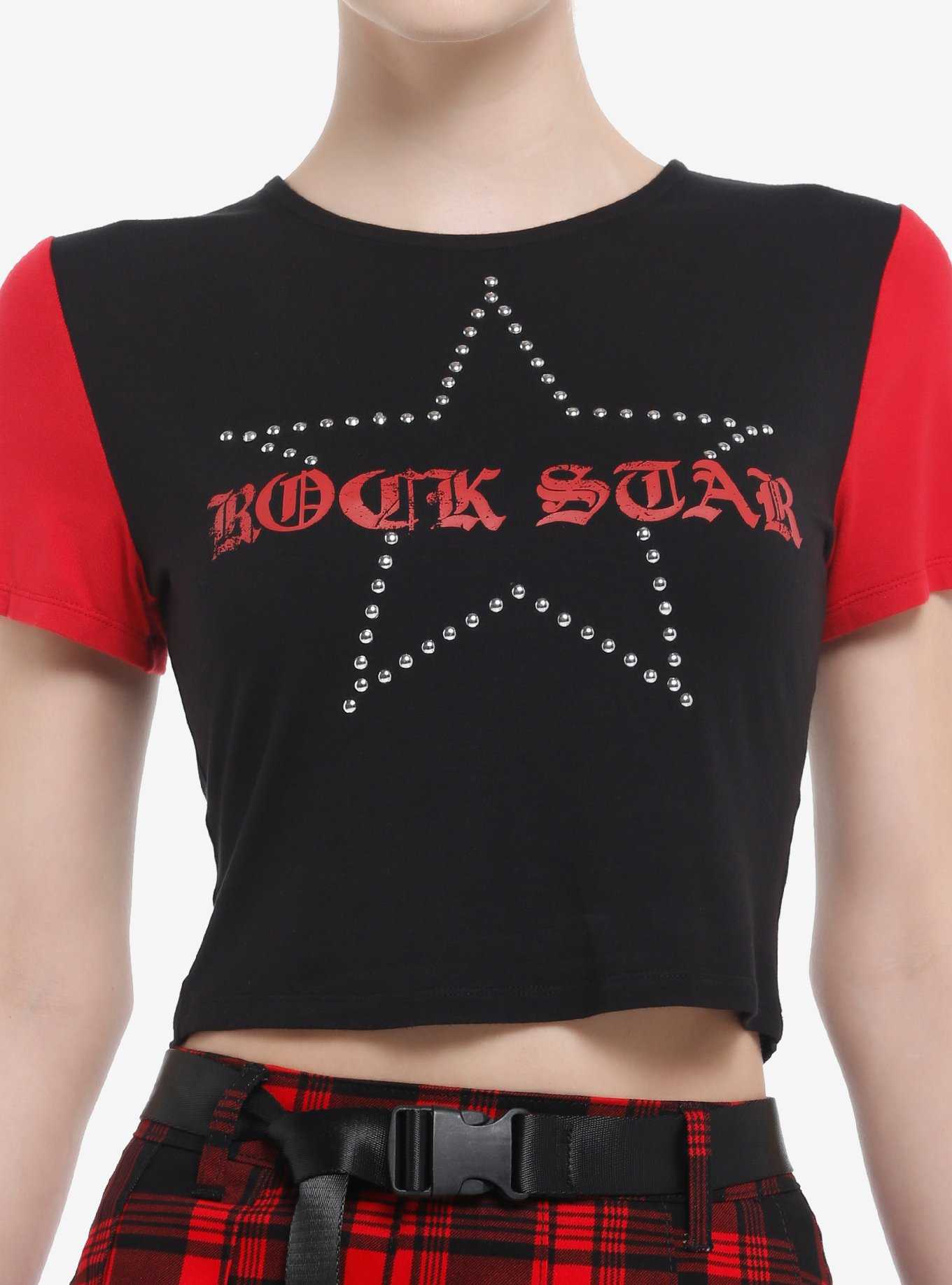 Social Collision Black & Red Rock Star Girls Crop T-Shirt, , hi-res