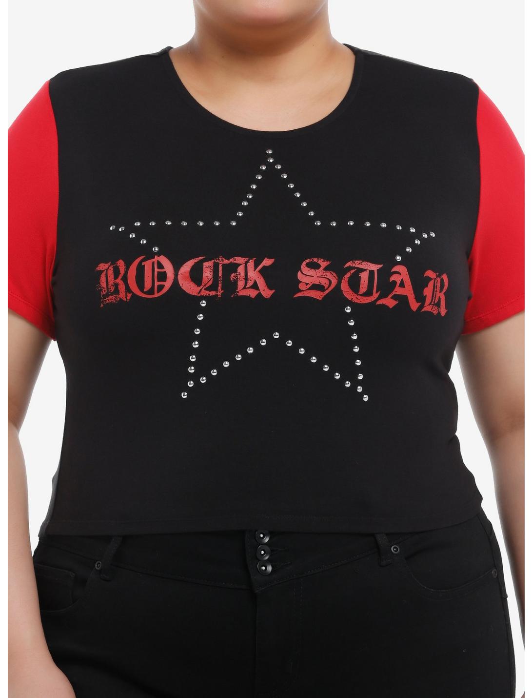 Social Collision Black & Red Rock Star Girls Crop T-Shirt Plus Size, RED, hi-res