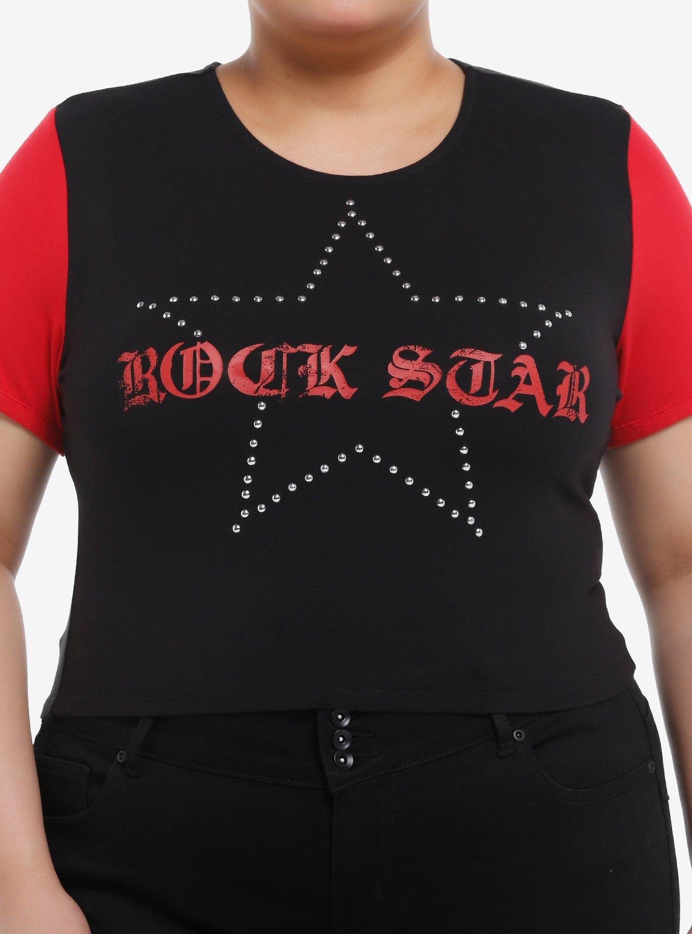 Social Collision Black & Red Rock Star Girls Crop T-Shirt Plus Size, , hi-res