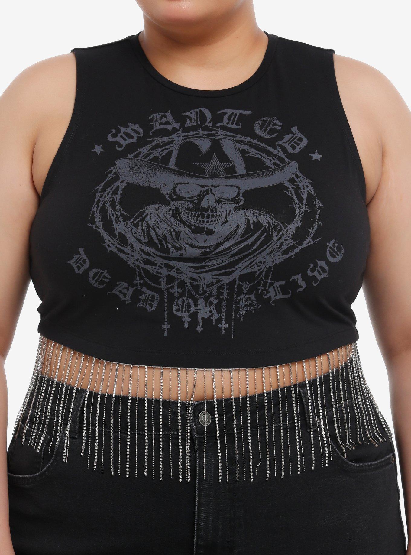 Cosmic Aura Wanted Dead Or Alive Rhinestone Fringe Girls Tank Top Plus Size, GREY, hi-res