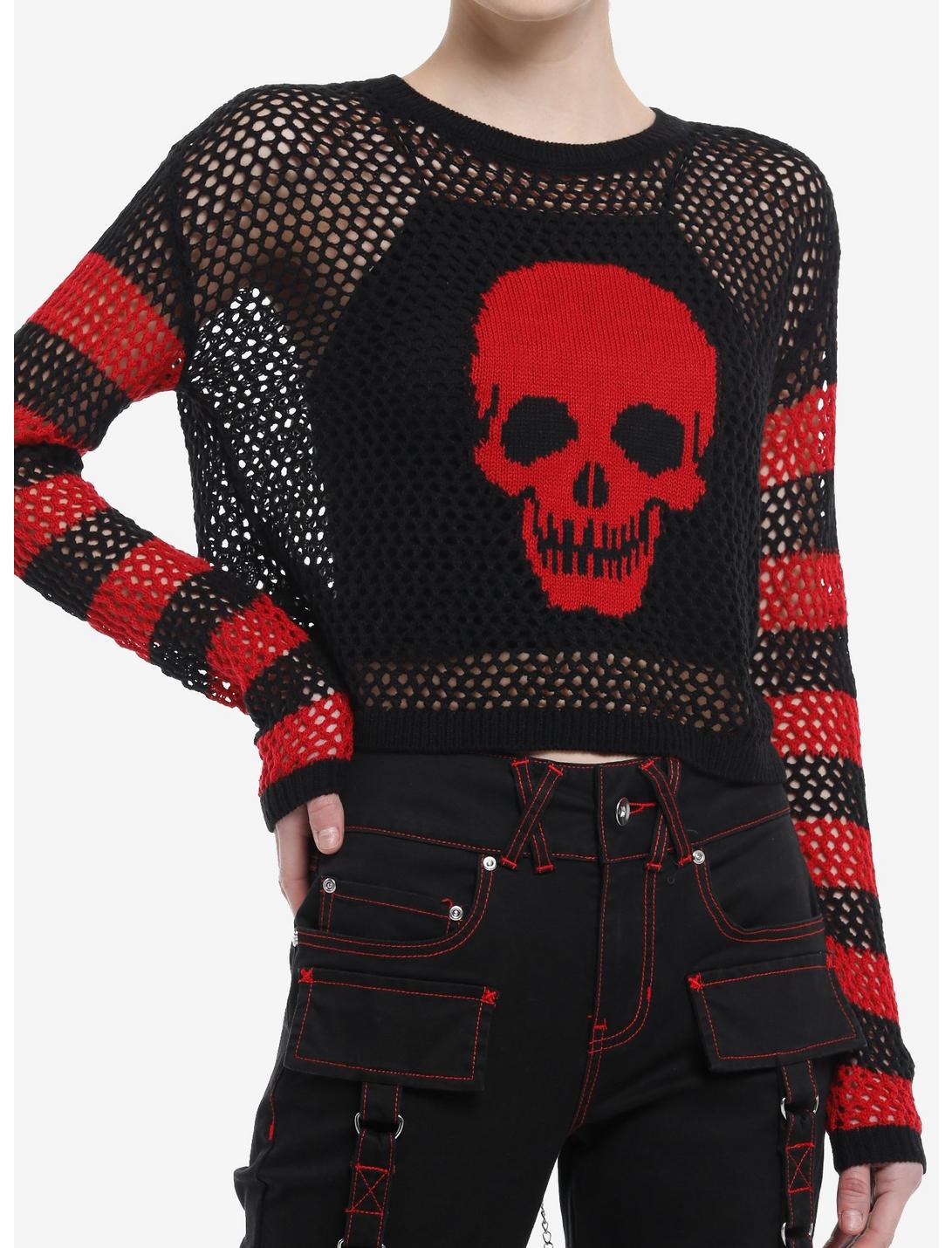 Social Collision Red & Black Stripe Skull Open Knit Girls Crop Sweater, RED, hi-res
