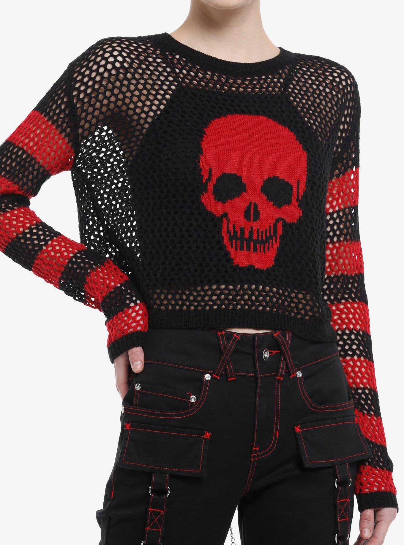 Social Collision Red & Black Stripe Skull Open Knit Girls Crop