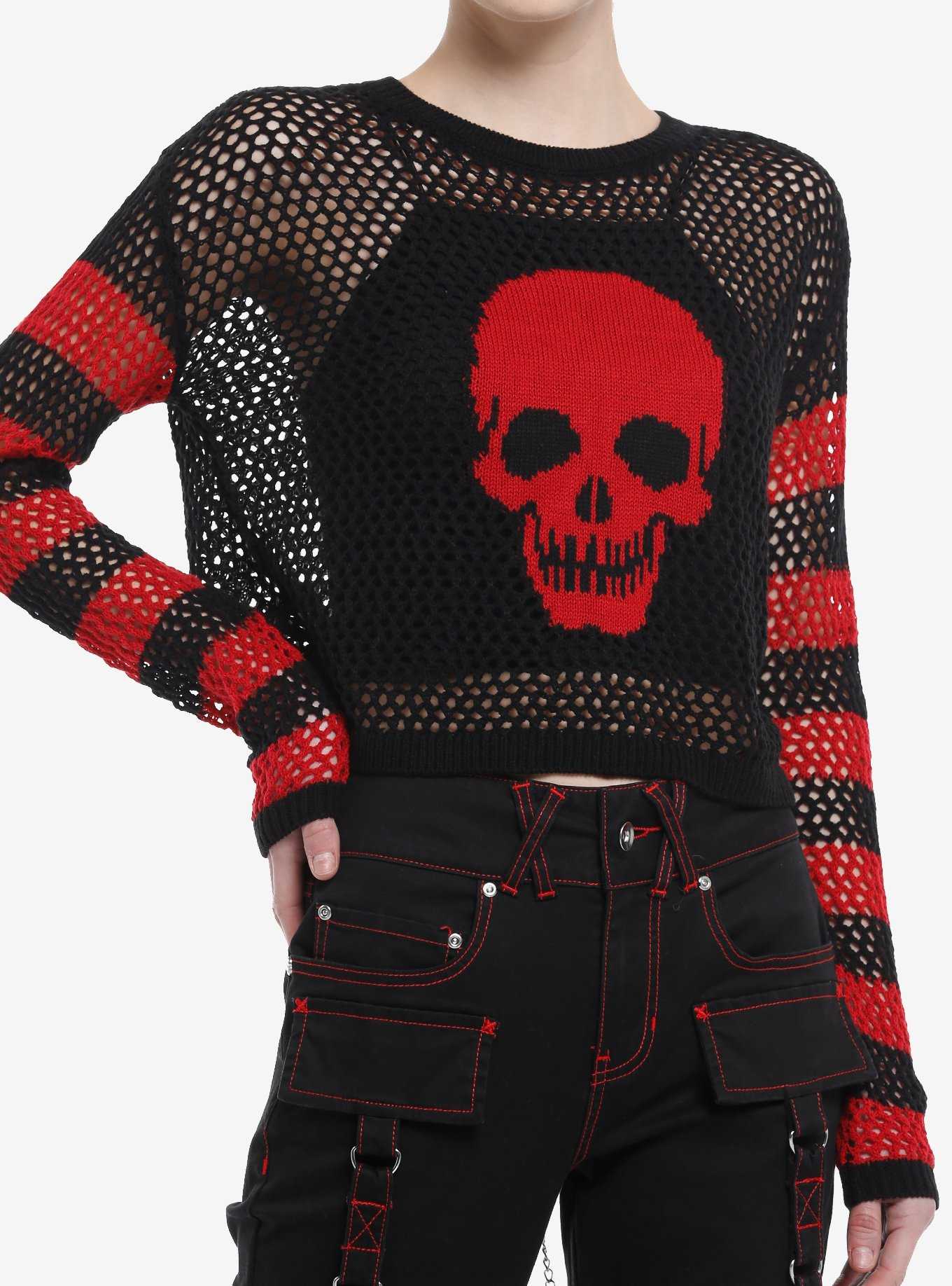 Social Collision Red & Black Stripe Skull Open Knit Girls Crop Sweater, , hi-res